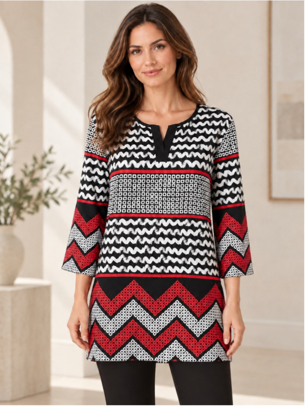 Alfred Dunner Geometric Print V-Neck Blouse – Size 10